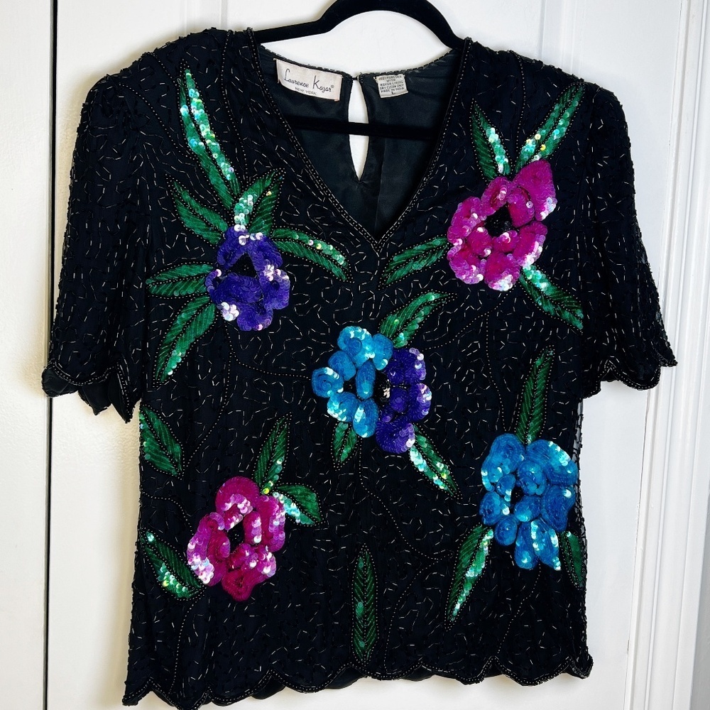 Laurence Kazar Vintage Silk Beaded & Sequin Floral Top – Size Large – 100% Silk